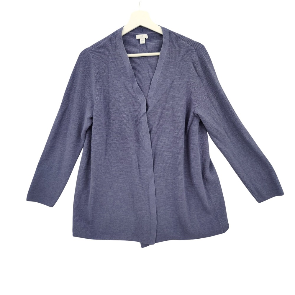 J. Jill Womens XL Blue Cotton Linen Open Front Ribbed Knit Cardigan Sweater Soft